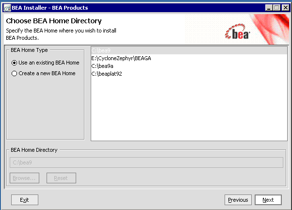 Choose BEA Home Directory