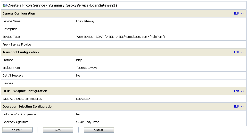 Proxy Service - Configuration Settings Summary
