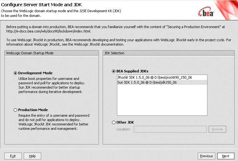 Configure Server Start Mode and JDK