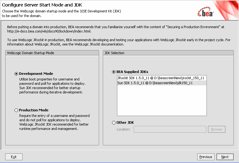 Configure Server Start Mode and JDK