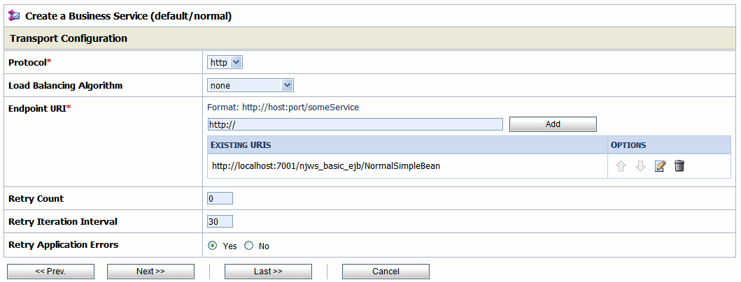 Transport Configuration of a Business Service