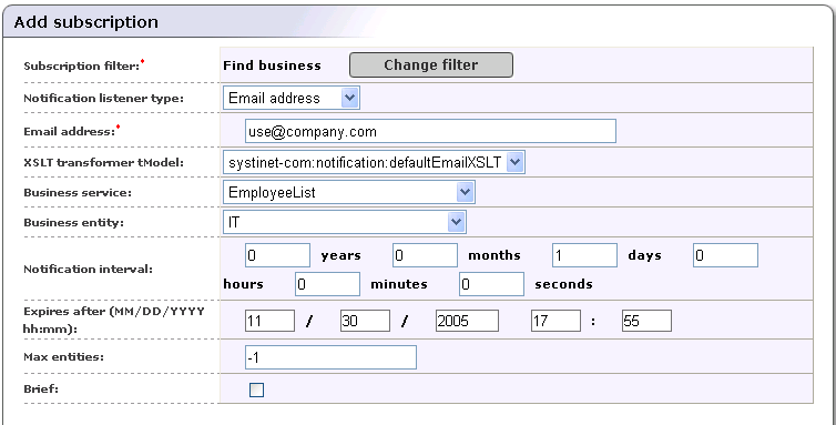 Add Subscription - Email Notification Listener Type