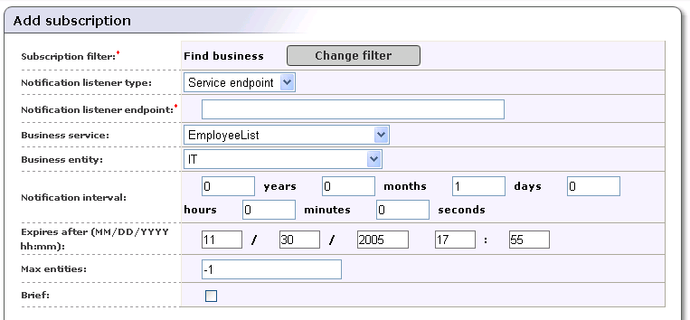 Add Subscription - Service Endpoint Listener Type