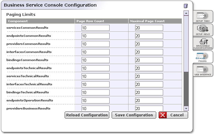 Business Service Console Configuration - Paging Limits