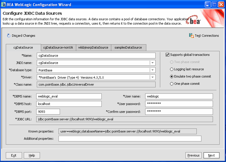 Configure JDBC Data Sources window