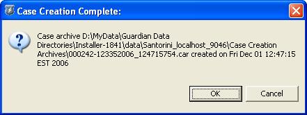 Support Case Wizard Completion Dialog Box with Case Archive