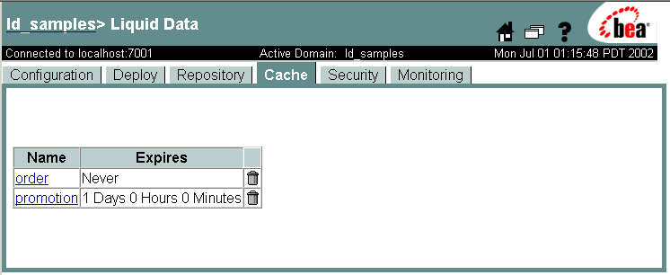 Cache Tab of the Liquid Data Administration Console