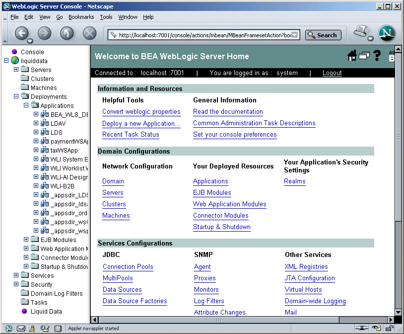 Home Page of the WebLogic Server Administration Console