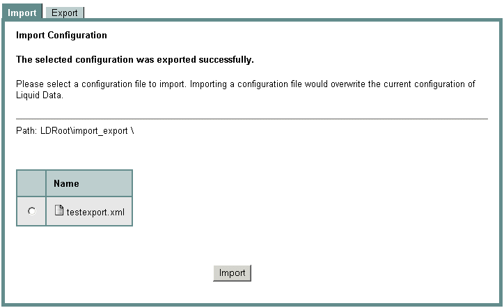 Import /Export Tab on the Liquid Data Node