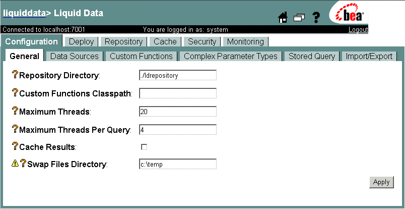 Configuring Liquid Data Server Settings