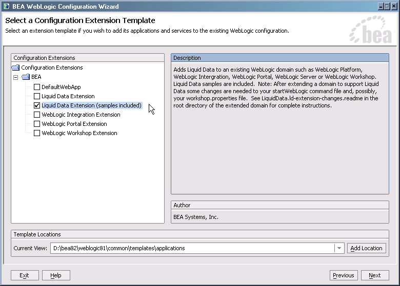 Dialog Box Used to Extend an Existing Domain Configuration to Support Liquid Data