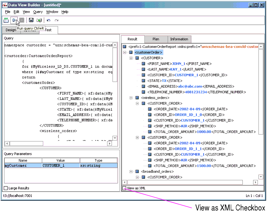 Test Mode Displaying Query and Result in Tree Format