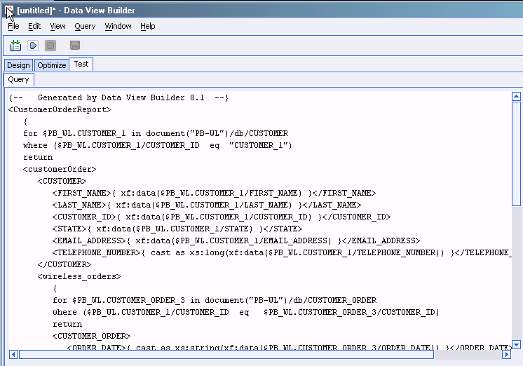 Builder-Generated XQuery Shown in Query Window