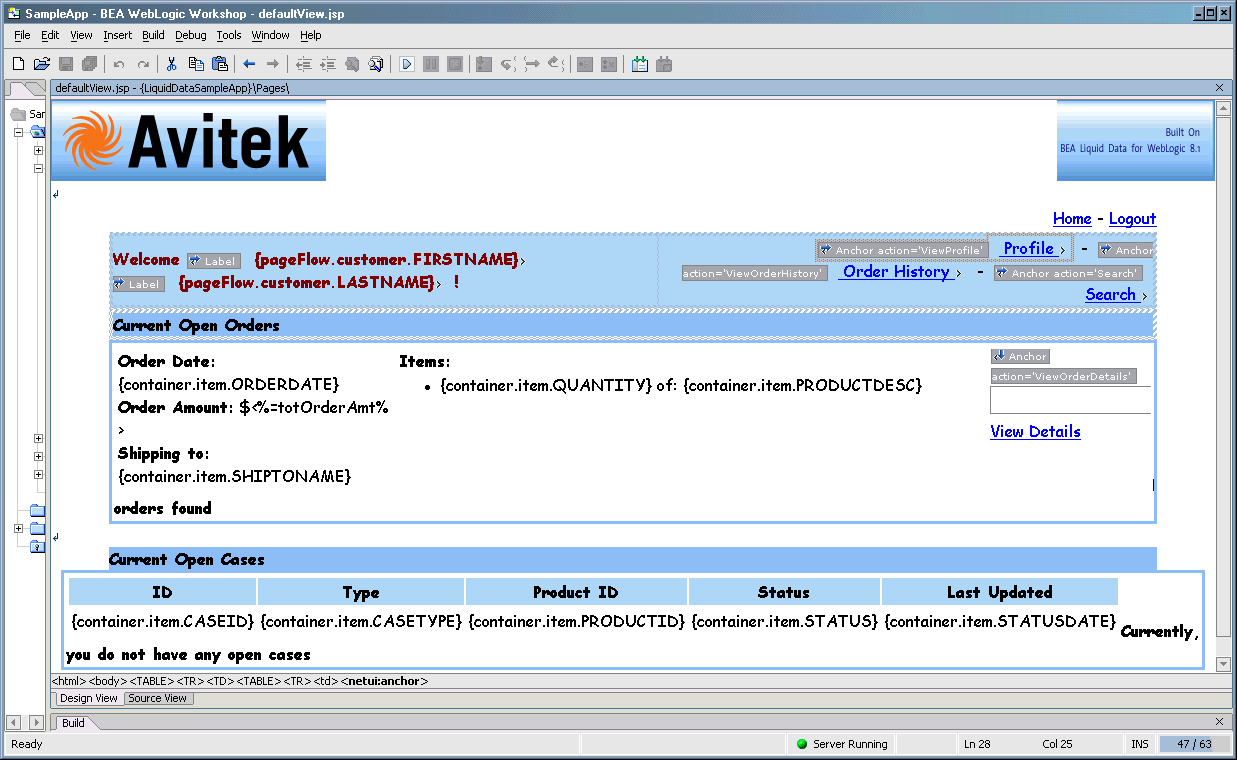 Design View of DefaultView.jsp, the SampleApp Home Page