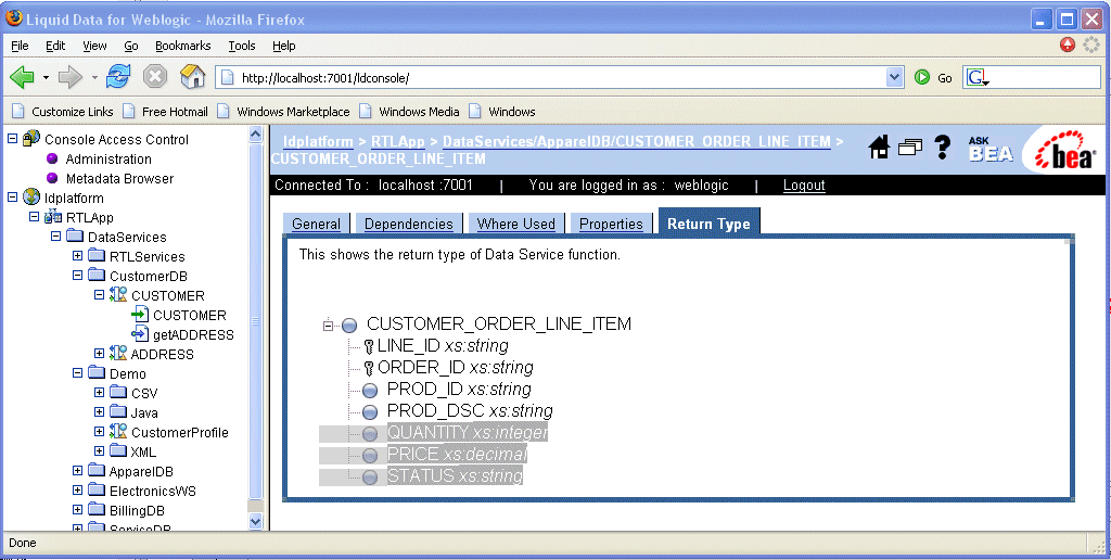 Return Types Display in Liquid Data Console 