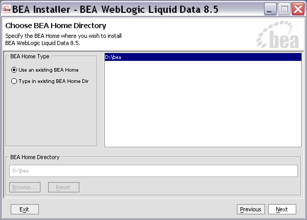 Choose BEA Home Directory