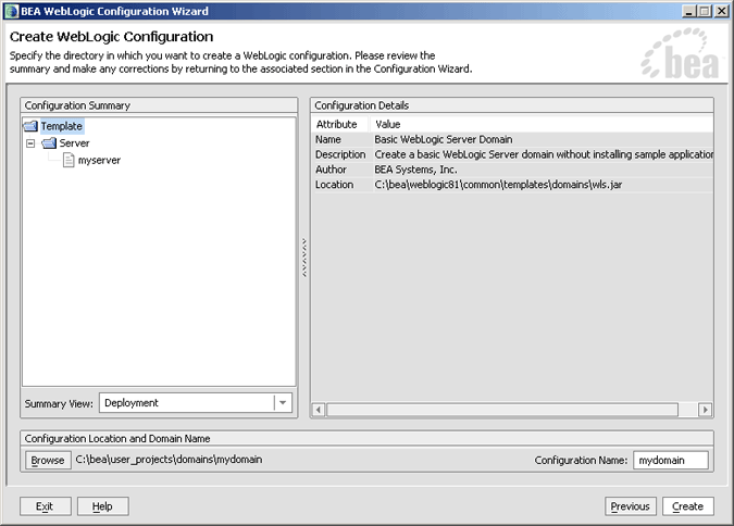 Create WebLogic Configuration window