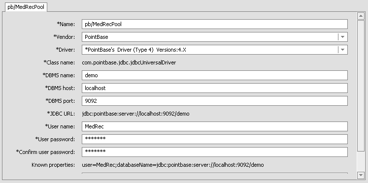 Add JDBC connection pool: Set name to pb/MedRecPool, vendor to PointBase, driver to Pointbase's Driver (Type 4) Versions 4.X, DBMS name to demo, DBMS host to localhost, DBMS port to 9092, user name and password to MedRec.