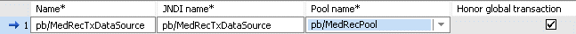 Add JDBC data source: Set name and JNDI name to pb/MedRecTxDataSource, and pool name to pb/MedRecPool, and enable Honor global transaction. 