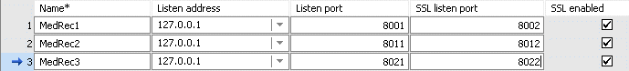 Add MedRec2: set name to MedRec2, listen address and port to 127.0.0.1 and 8011, and SSL listen port to 8012, and enable SSL. For MedRec3: set name to MedRec3, listen address and port to 127.0.0.1 and 8021, and SSL listen port to 8022, and enable SSL.