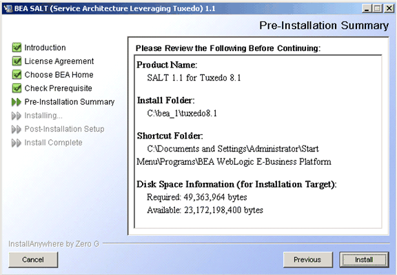 Pre-Installation Summary Screen