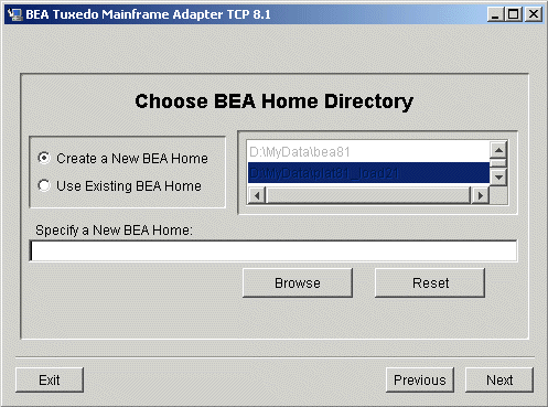 Choose BEA Home Directory Screen