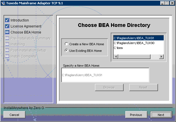 Choose BEA Home Directory Screen