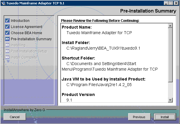 Pre-Installation Summary Screen