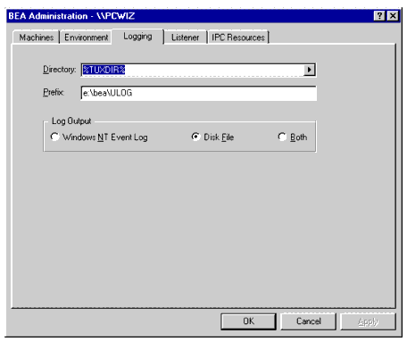 BEA Administration Window with Logging Page Displayed