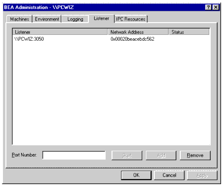 BEA Administration Window with Listener Page Displayed