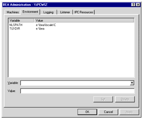 BEA Administration Window with Environment Page Displayed