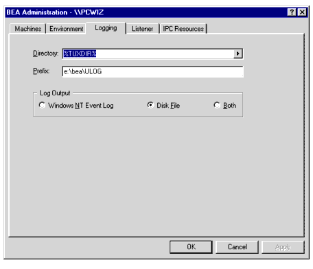 BEA Administration Window with Logging Page Displayed