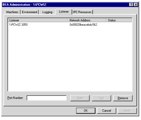 BEA Administration Window with Listener Page Displayed