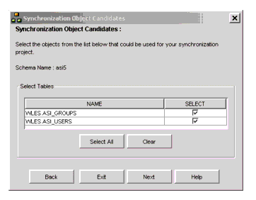 Synchronization Select Objects Page (Database Server Objects)