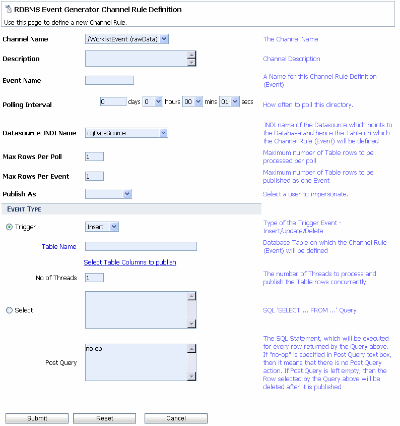 RDBMS Event Generator - Channel Rule Definition