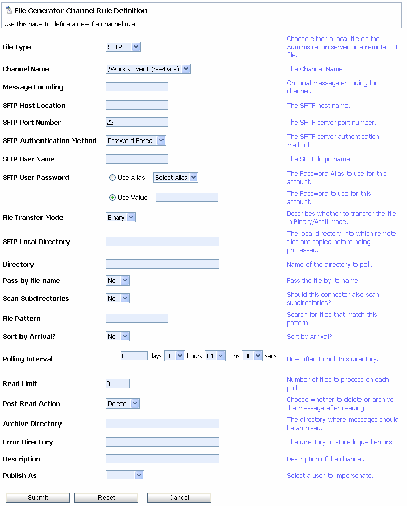 Channel Rule Definition - File Event Generator - SFTP File Type