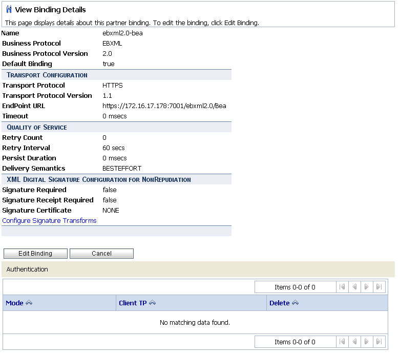 View Binding Details Page - ebXML
