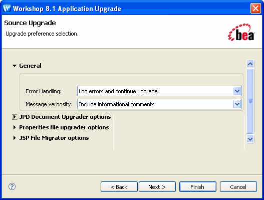 Source Upgrade Screen of the Upgrade Wizard