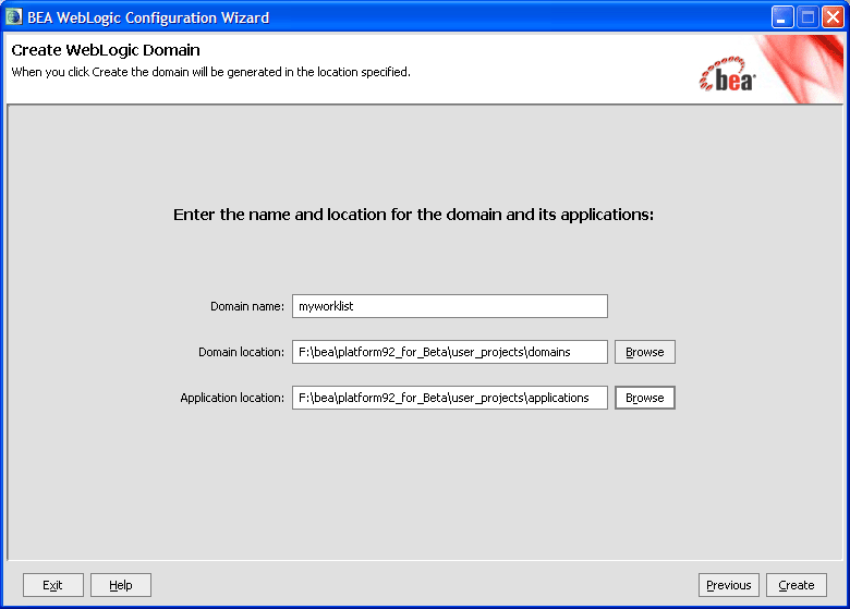 Create WebLogic Domain Page
