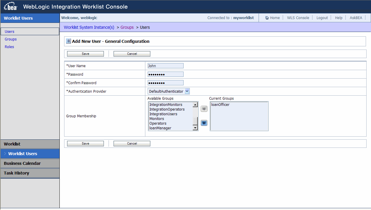 Add New User- General Configuration