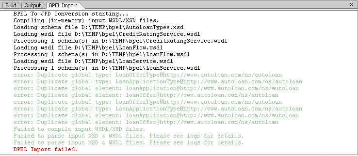 BPEL Import Pane - Conversion Failed