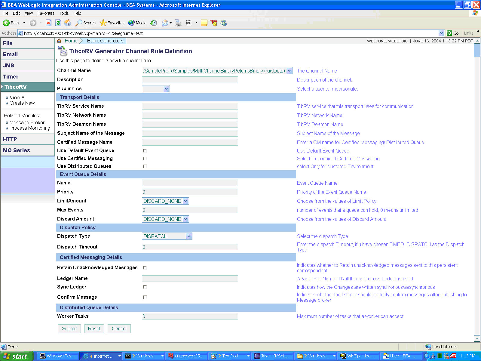 Creating a TIBCO RV Event Generator: Channel Rule Definition 