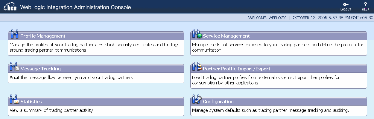 WebLogic Integration Administration Console - Trading Partner Management - Home Page