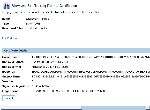 View and Edit Trading Partner Certificate Page
