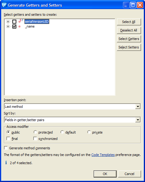 Generate Getter and Setter Methods