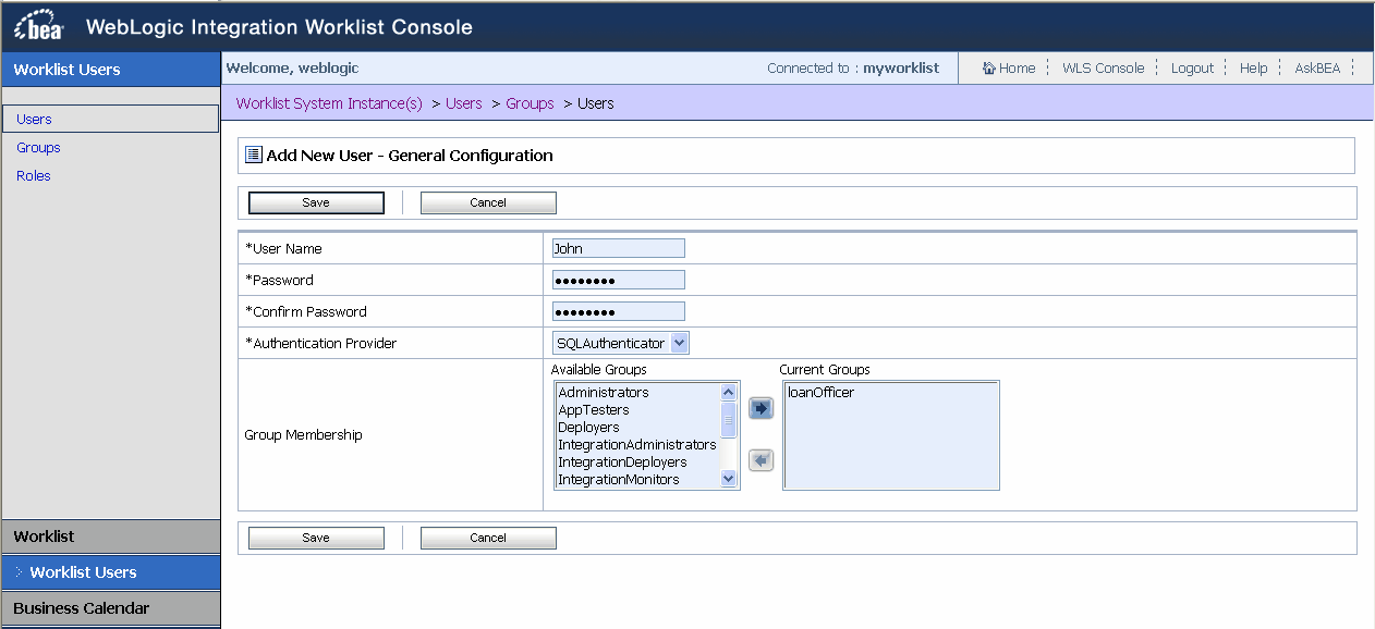 Add New User- General Configuration