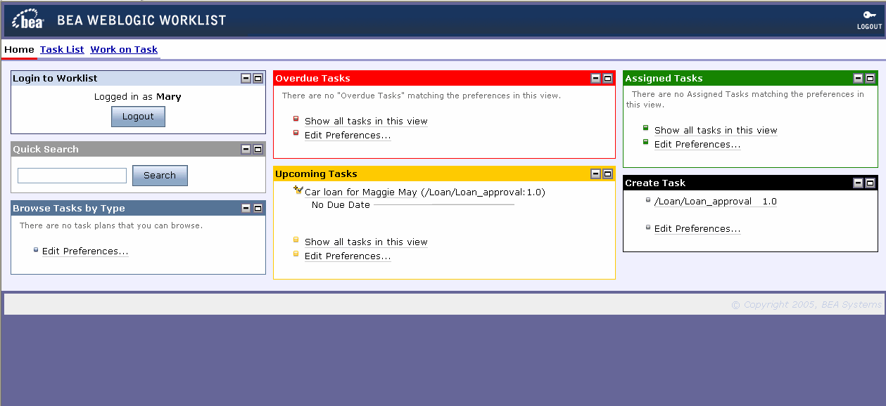 Task Instance in Upcoming Tasks Portlet of Mary's Inbox 