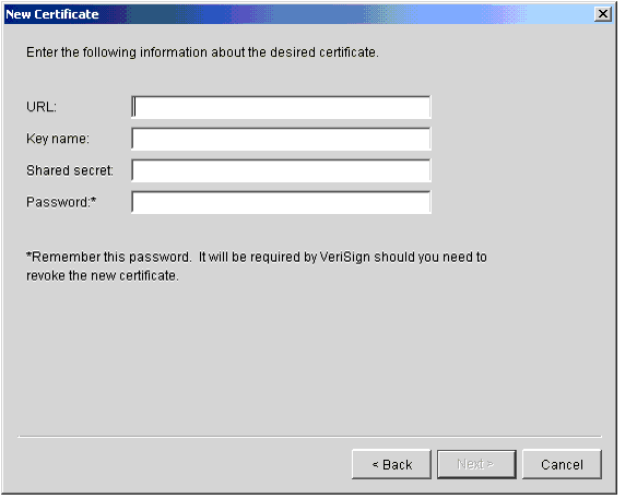 New Certificate Wizard, VeriSign XKMS Certificate Window