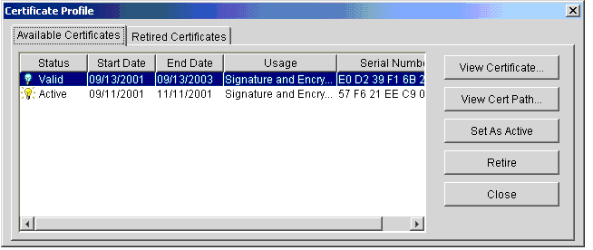 Certificate Profile Window, Available Certificates Tab