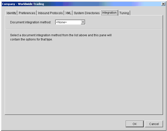 Integration Tab as Seen in Default View with <None> Selected